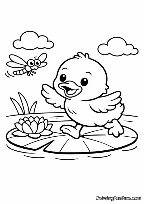 Duckling chasing a dragonfly across a lily pad