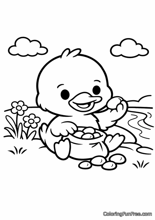 Duckling collecting shiny pebbles by a river