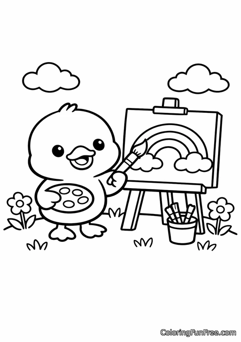 Duckling painting a picture of a rainbow