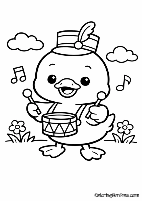 Duckling playing a tiny drum in a band