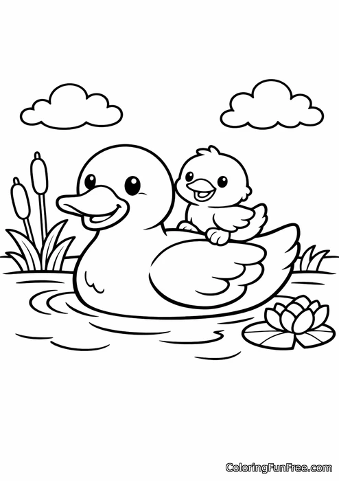 Duckling riding on its mother s back in a pond