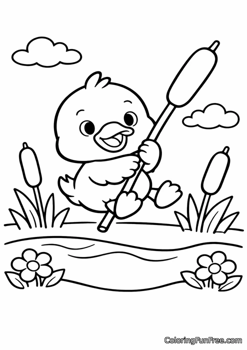 Duckling swinging on a cattail by the river