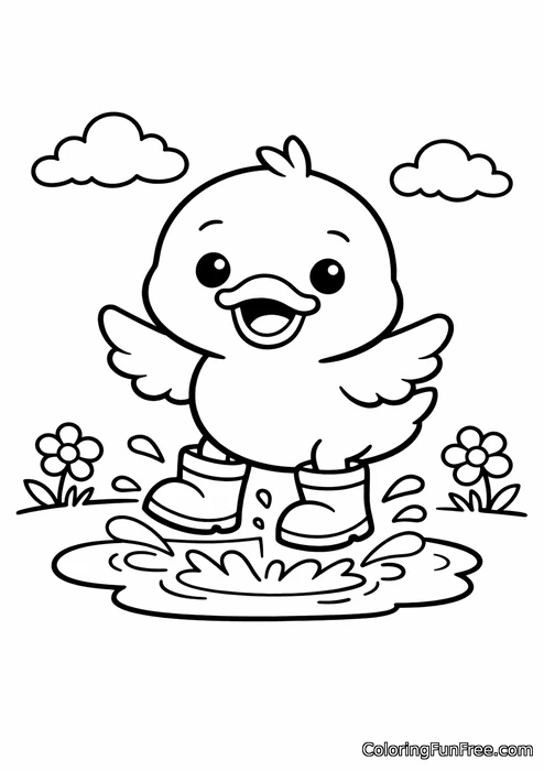 Duckling wearing tiny rain boots jumping in puddles