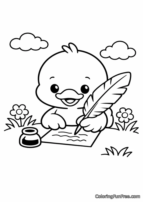 Duckling writing a letter with a feather quill
