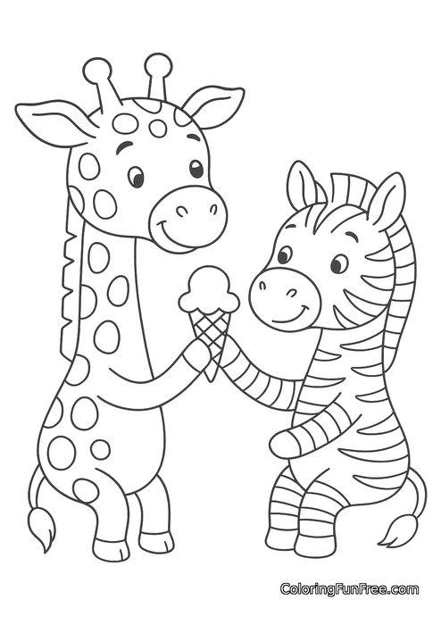 Giraffe and zebra sharing ice cream