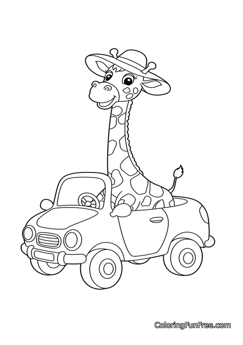 Giraffe driving convertible with hat