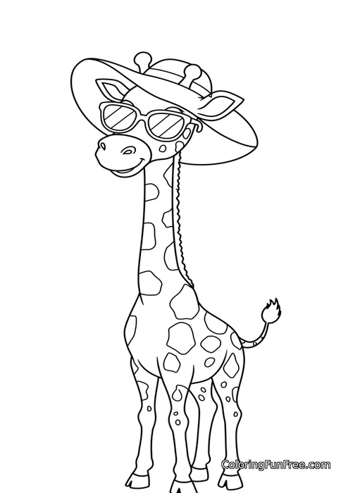 Giraffe with sunglasses and sun hat