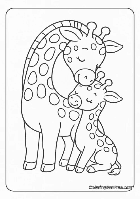 Mother giraffe and calf cuddling