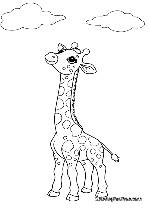 Young giraffe standing clouds