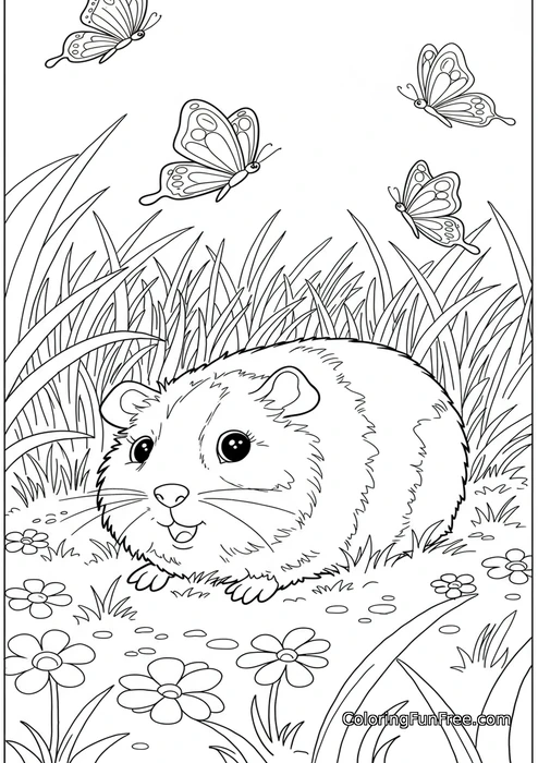 Guinea pig in grass with butterflies