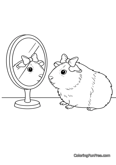 Guinea pig with bow looking in mirror