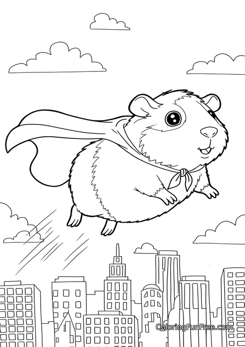 Superhero guinea pig flying city