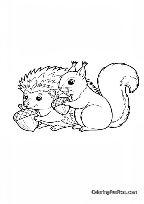 Hedgehog and squirrel with acorns