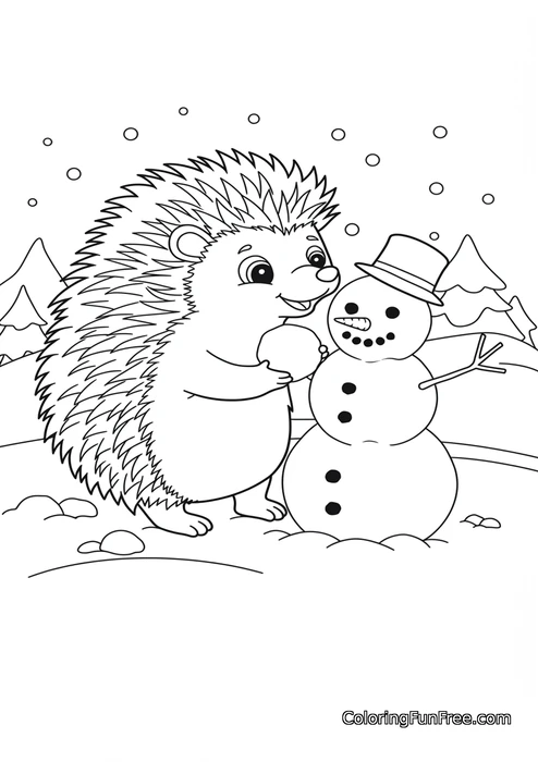 Hedgehog building snowman