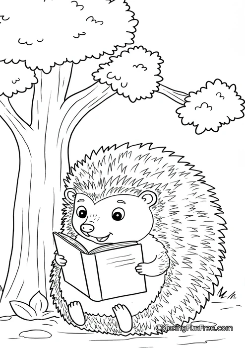 Hedgehog reading book under tree