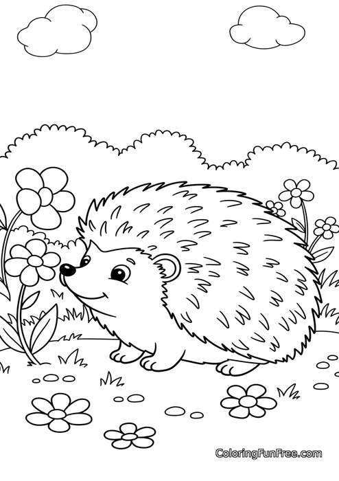 Hedgehog smelling flowers meadow