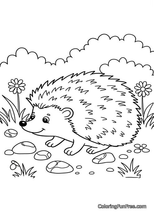 Hedgehog walking on stone path