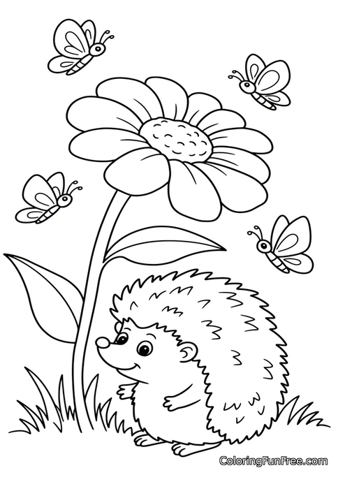 Hedgehog with flower and butterflies