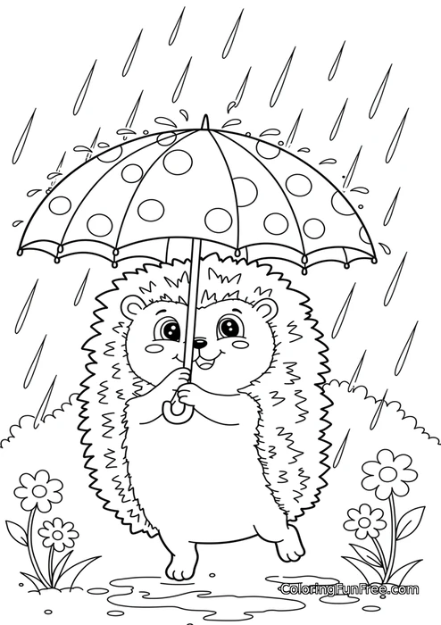 Hedgehog with umbrella in rain
