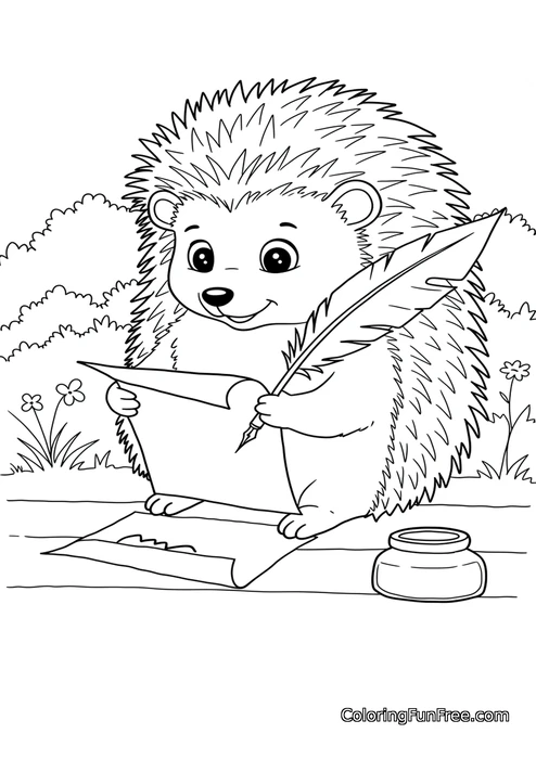 Hedgehog writing with quill pen