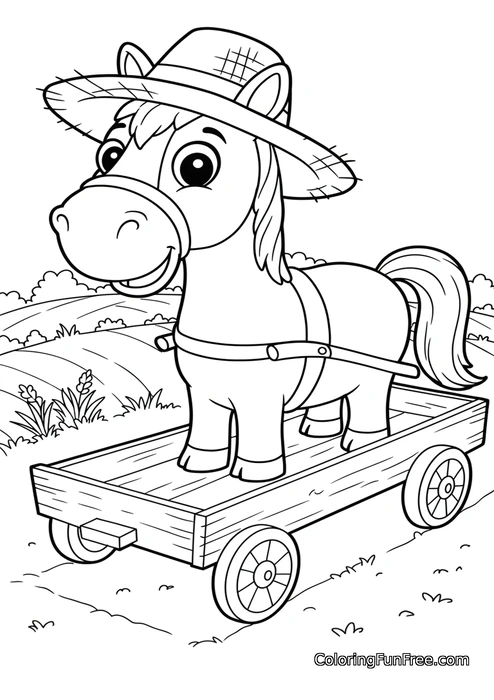 Cartoon horse straw hat on cart
