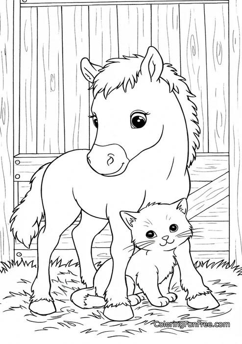 Foal and cat in stable