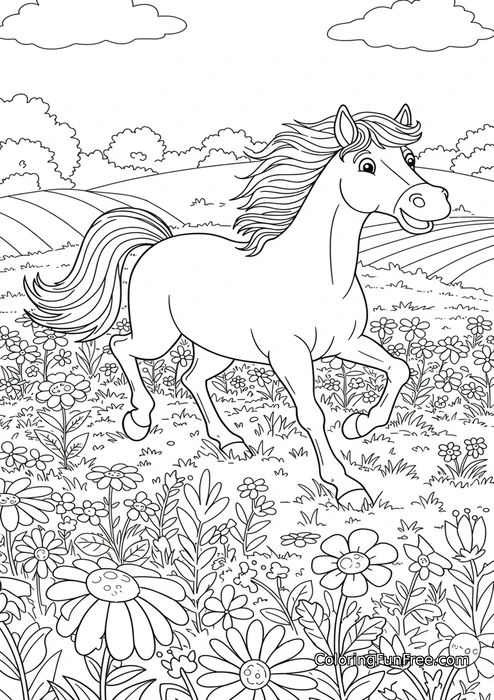 Horse running in flower field