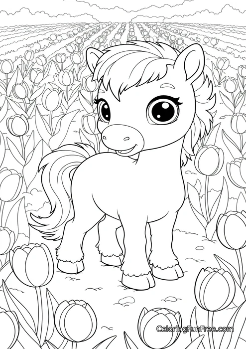 Pony in tulip field