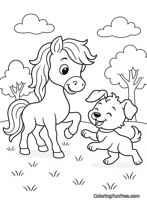 Pony playing with dog