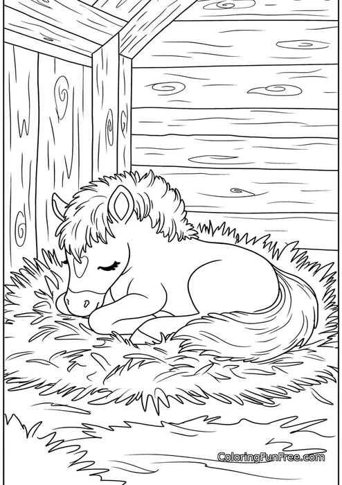 Pony sleeping in hay