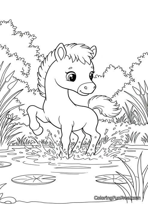 Pony splashing in pond