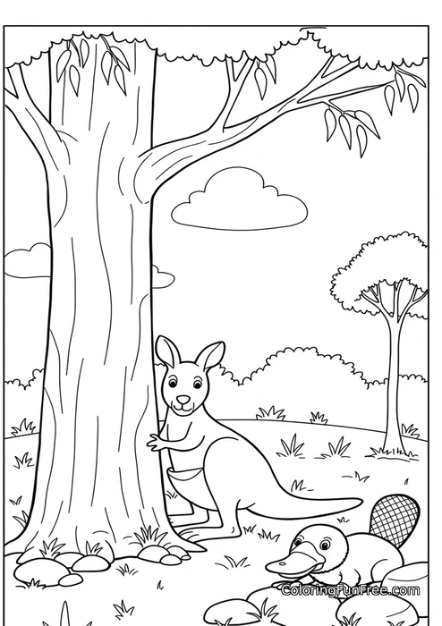 Kangaroo and platypus in bush
