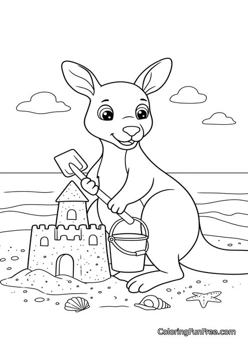 Kangaroo building sandcastle