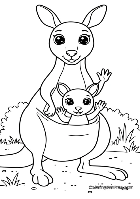 Kangaroo mother and joey waving