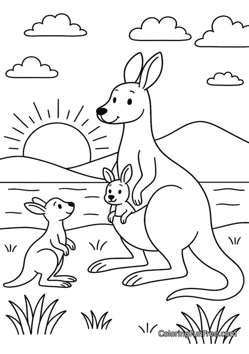 Kangaroo mother and two joeys sunset