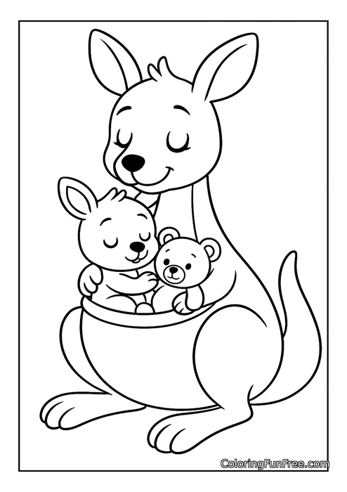 Kangaroo mother joey and teddy bear sleeping