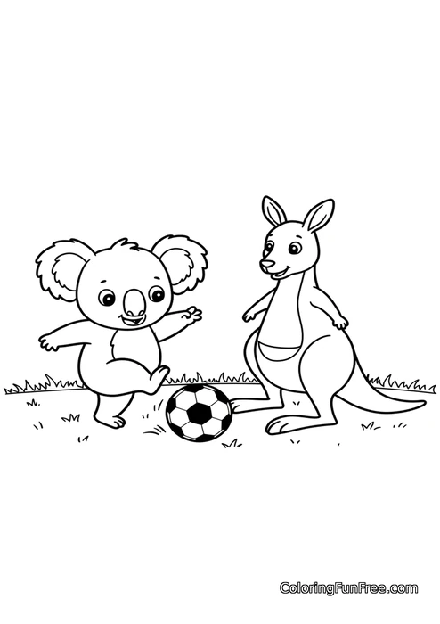 Koala and kangaroo playing soccer