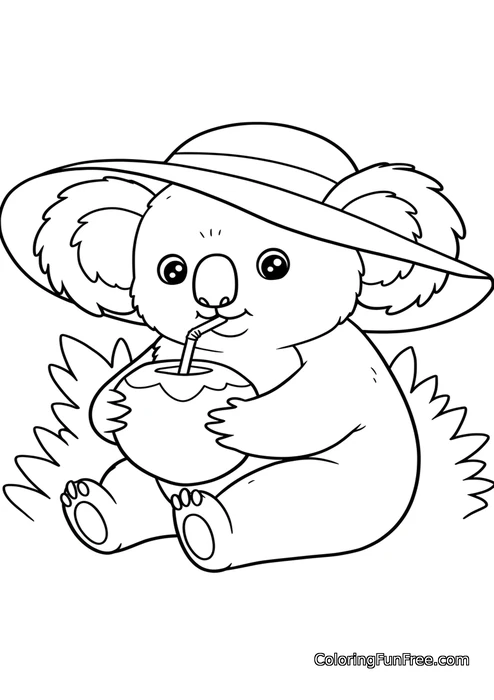 Koala with hat drinking coconut