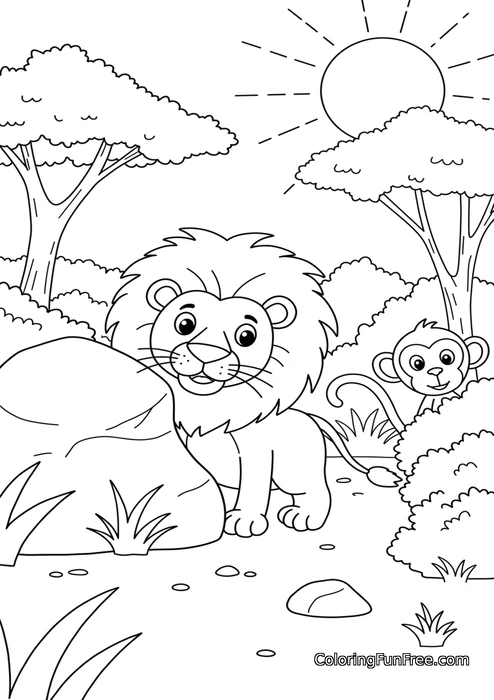 Lion and monkey sunny day