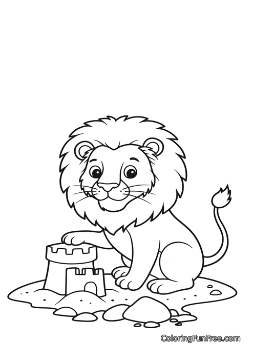 Lion building sandcastle