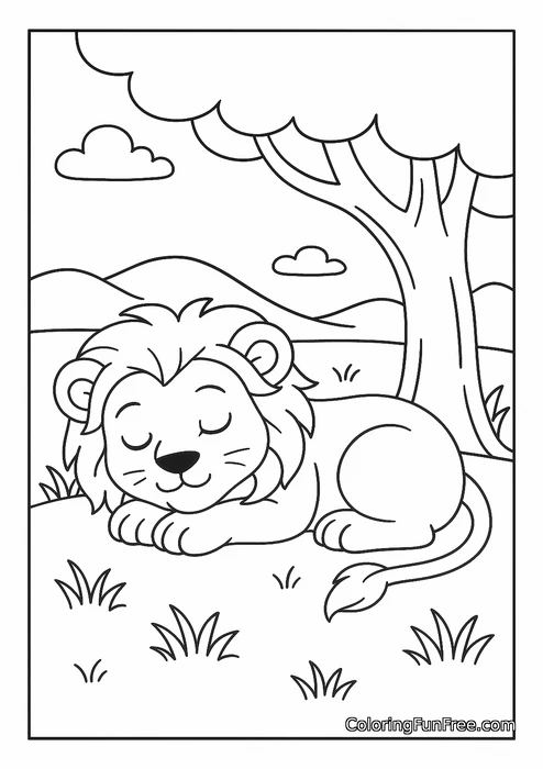Sleeping lion under tree