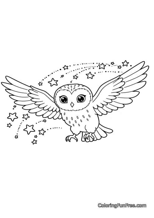 Owl flying with star trail