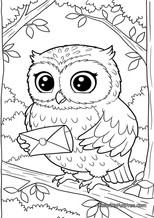 Owl holding letter on branch