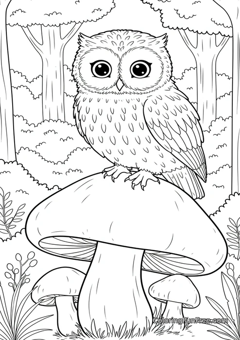 Owl on mushroom forest
