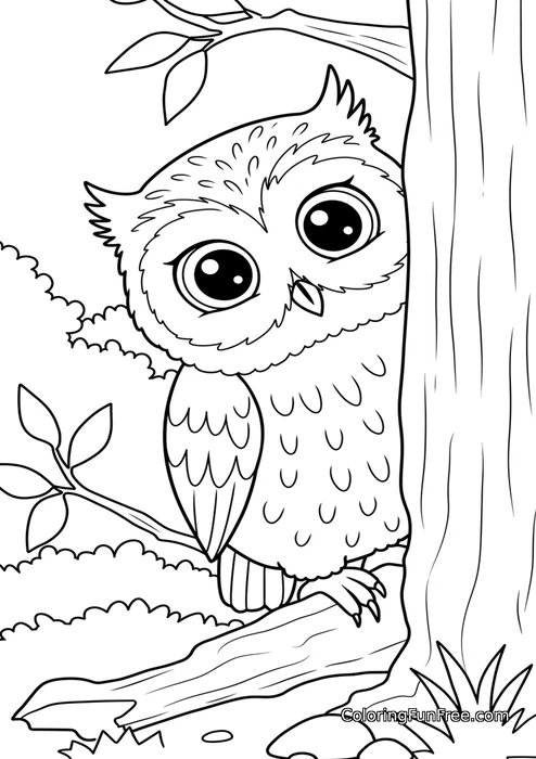 Owl peeking from behind tree
