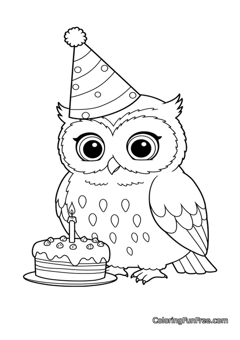 Owl with birthday cake and party hat