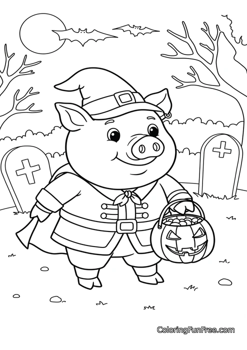 Halloween pig trick or treat coloring page