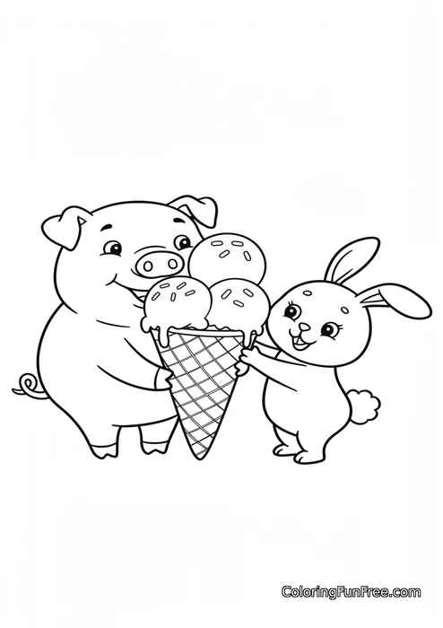 Pig and bunny sharing ice cream