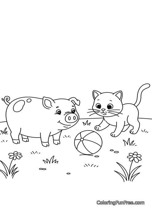 Pig and cat with ball