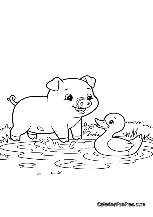 Pig and duck in pond